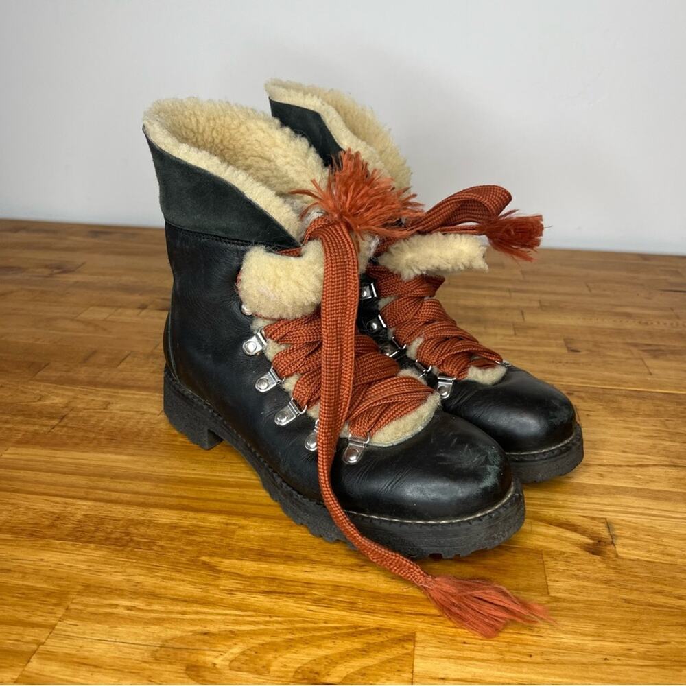 J. Crew Shearling Lined Black Leather Nordic Lace Up Combat Boots Size 8